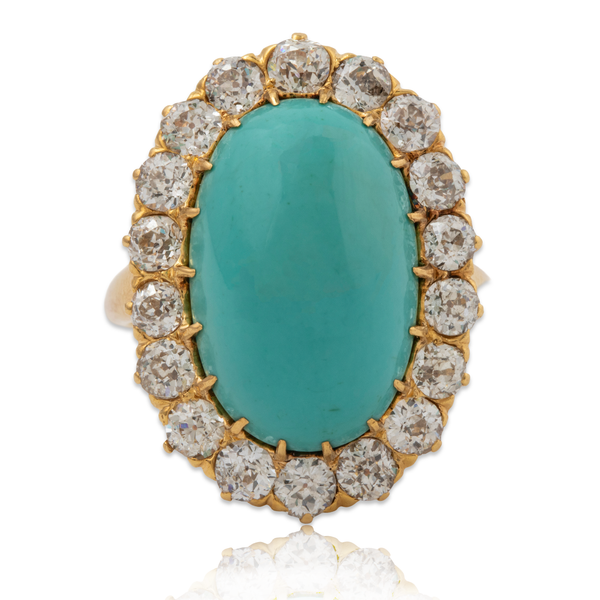 Antique 18k Gold 11.76ct Turquoise 2.29cttw Old Mine Diamond Halo Ring 9.5