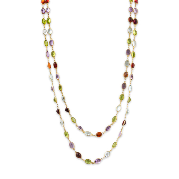 Vintage long 14k Yellow Gold 37cttw Peridot Amethyst Aquamarine Station Necklace