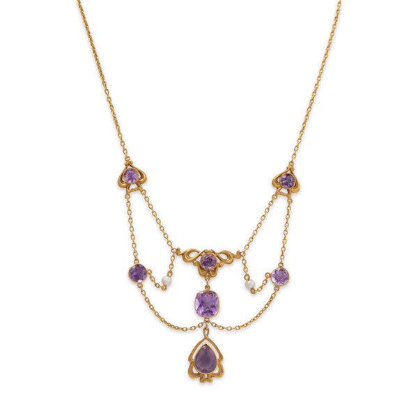 Antique Rare 14k Yellow Gold 9.57cttw Amethyst Pearl Festoon Necklace 16