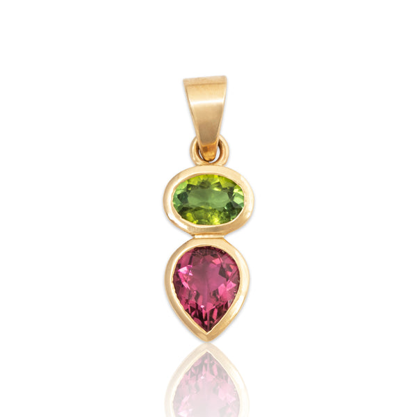 Vintage 14k Yellow Gold 2.45cttw Pink & Green Tourmaline Dangle Pendant