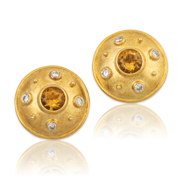 Vintage 18k Yellow Gold Citrine Diamond Stud Earrings