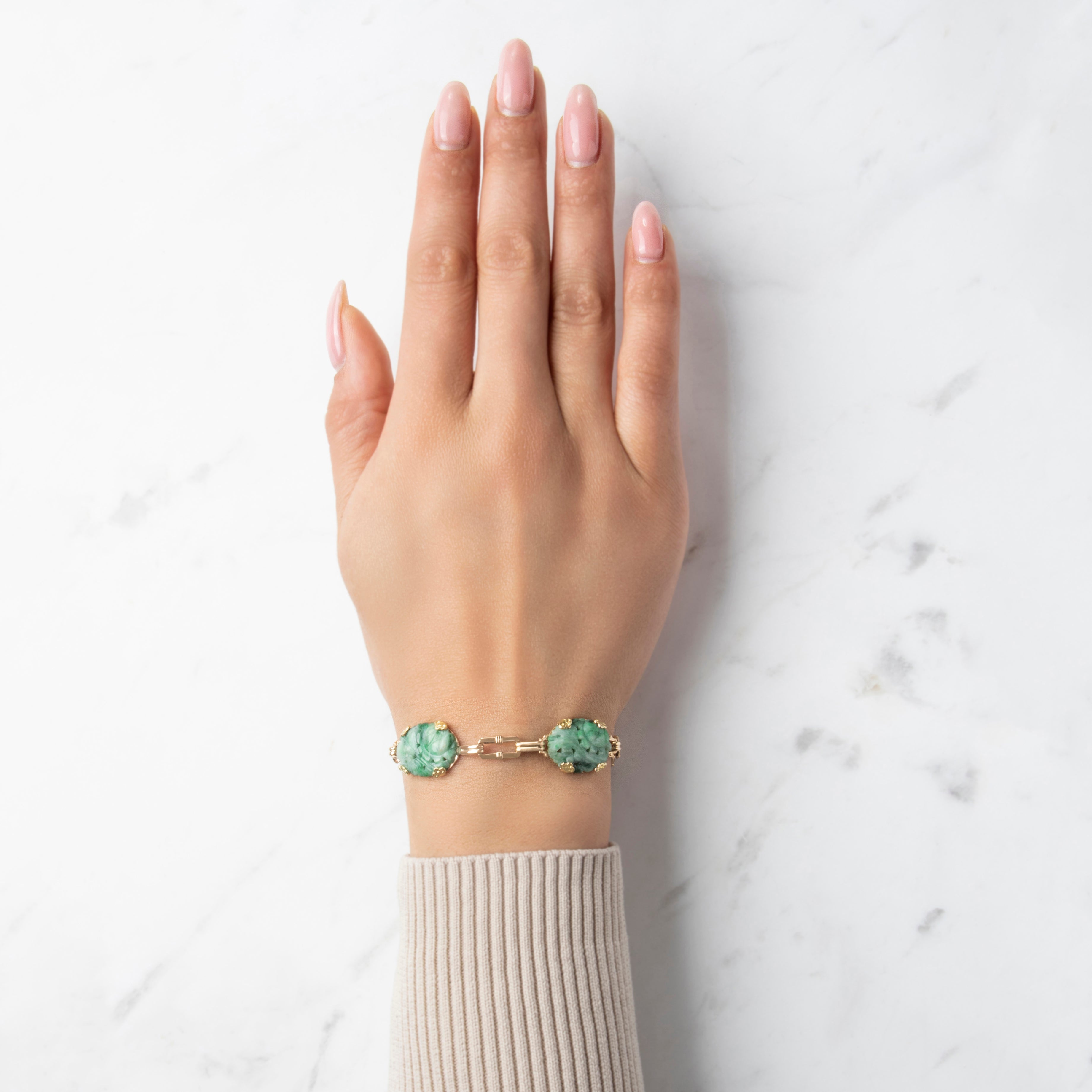 Vintage 10k Rosy Yellow Gold 22cttw Jade Naturalistic Carved Cabochon Bracelet - On model view