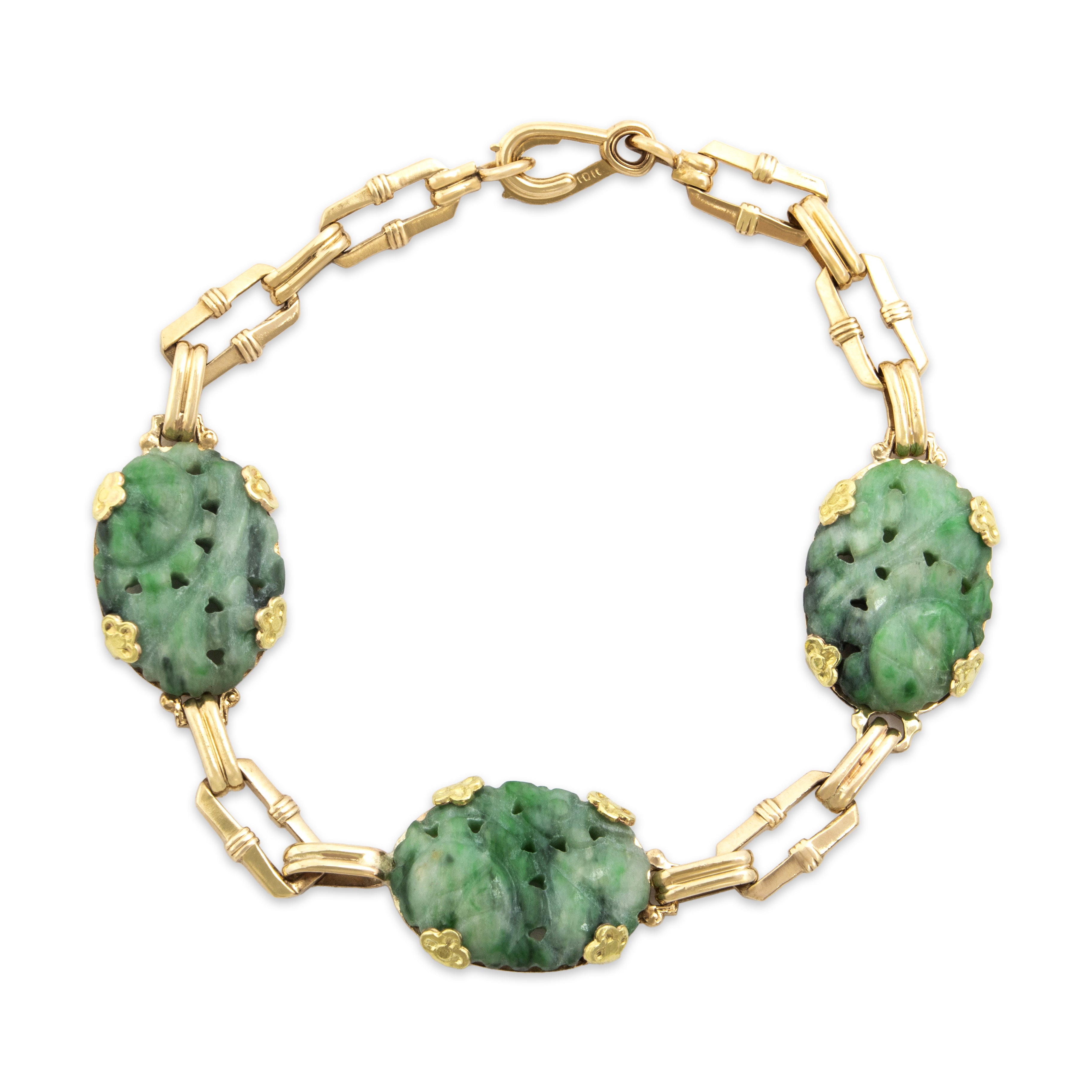 Vintage 10k Rosy Yellow Gold 22cttw Jade Naturalistic Carved Cabochon Bracelet - Overall view