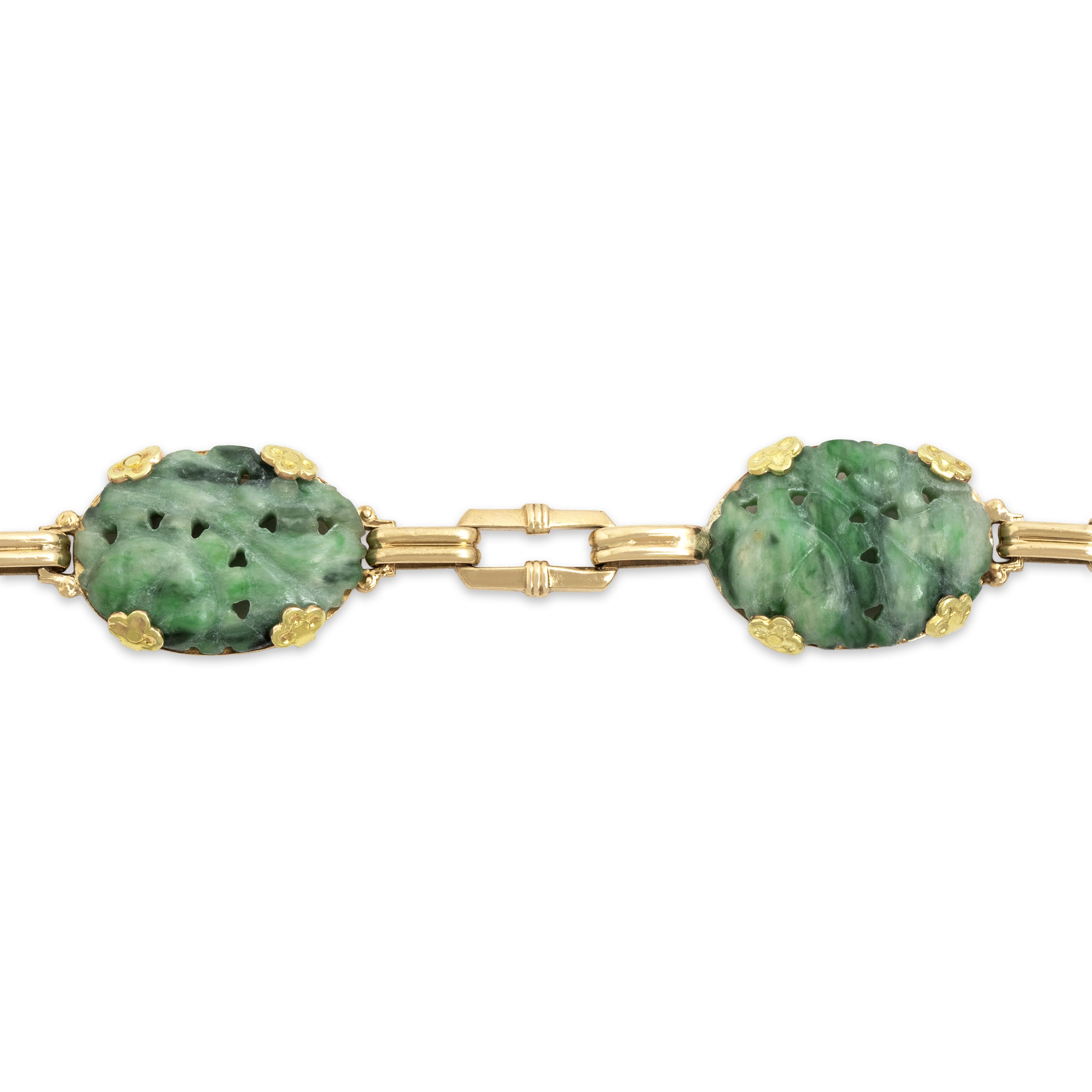 Vintage 10k Rosy Yellow Gold 22cttw Jade Naturalistic Carved Cabochon Bracelet - detail view #1