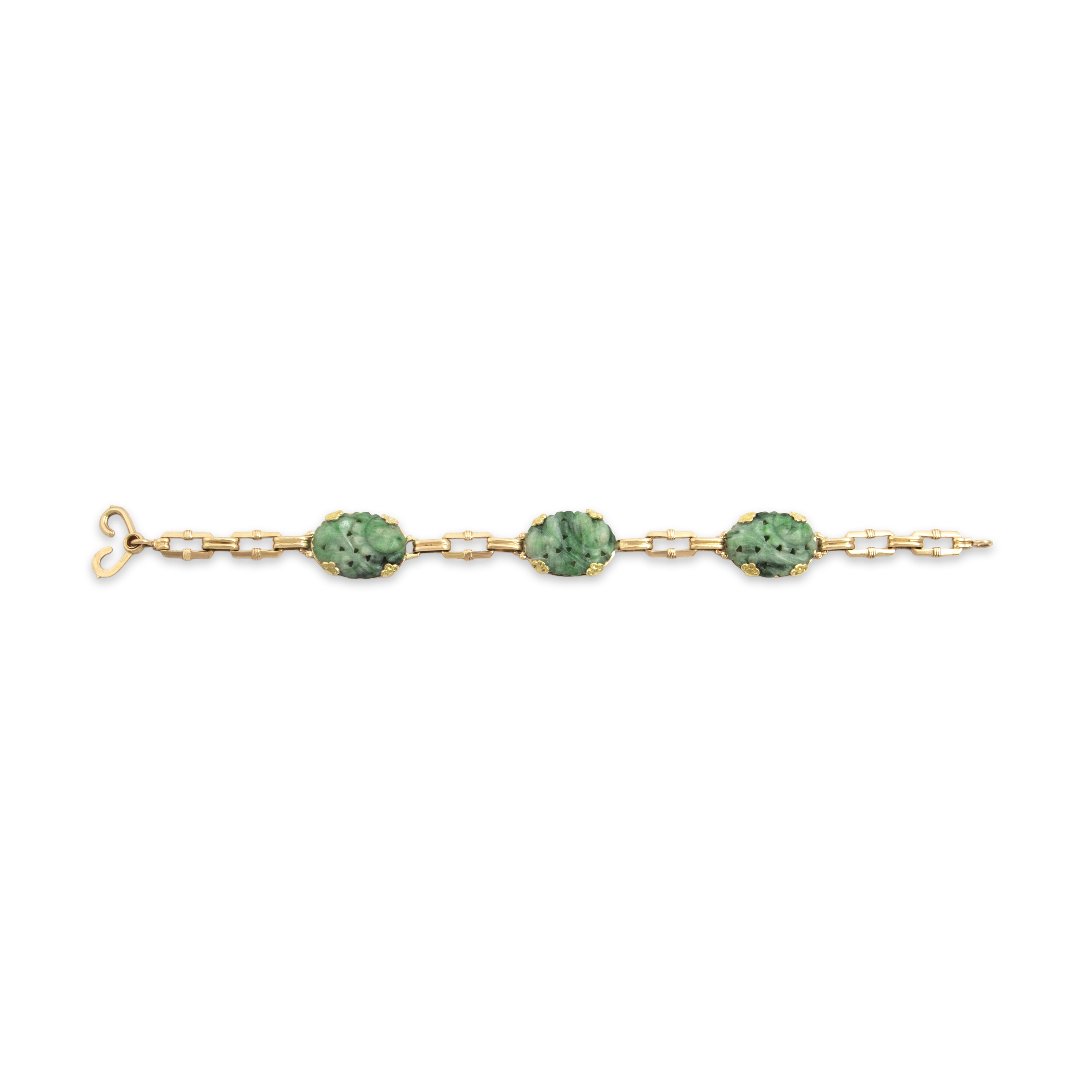 Vintage 10k Rosy Yellow Gold 22cttw Jade Naturalistic Carved Cabochon Bracelet - Overall view