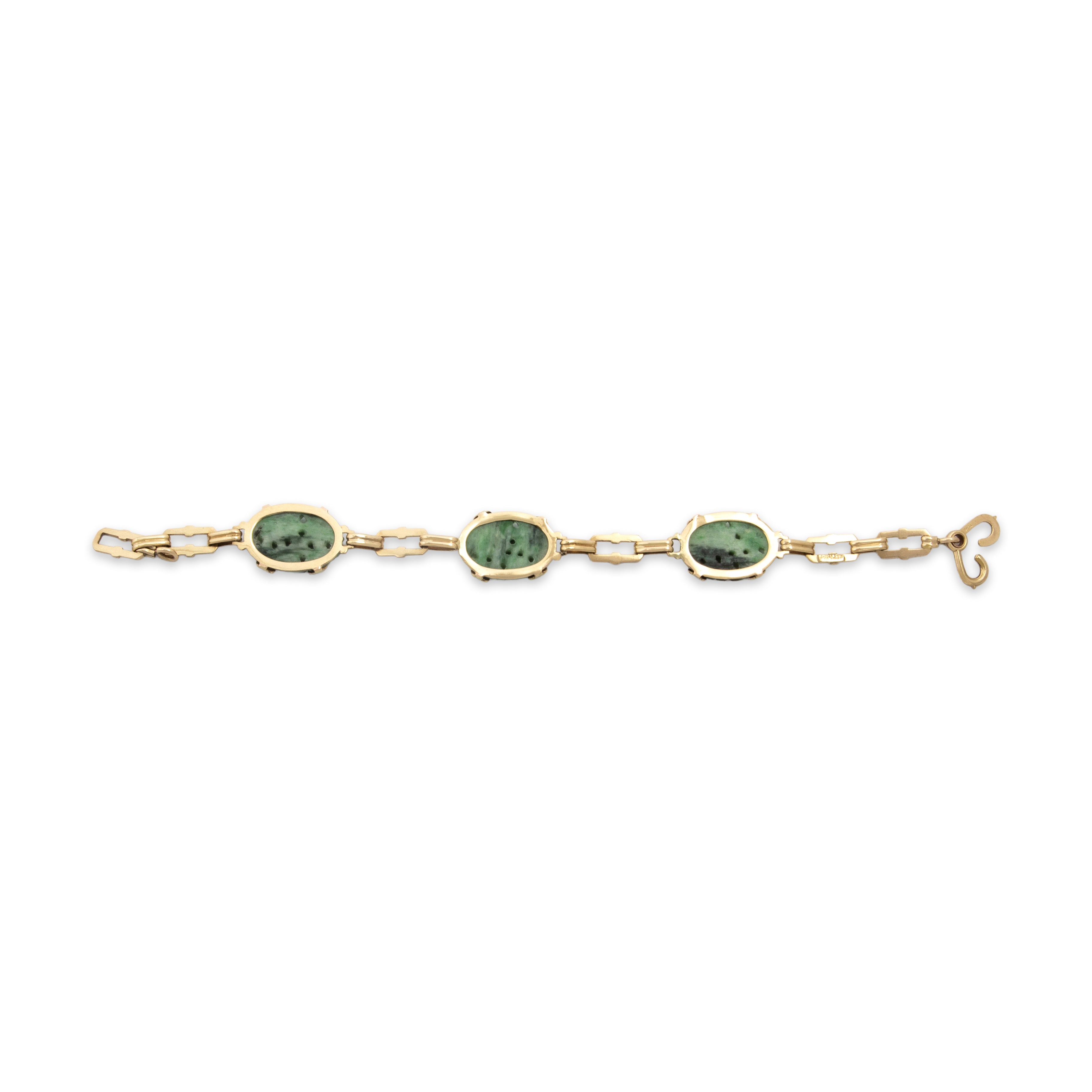 Vintage 10k Rosy Yellow Gold 22cttw Jade Naturalistic Carved Cabochon Bracelet - Back view