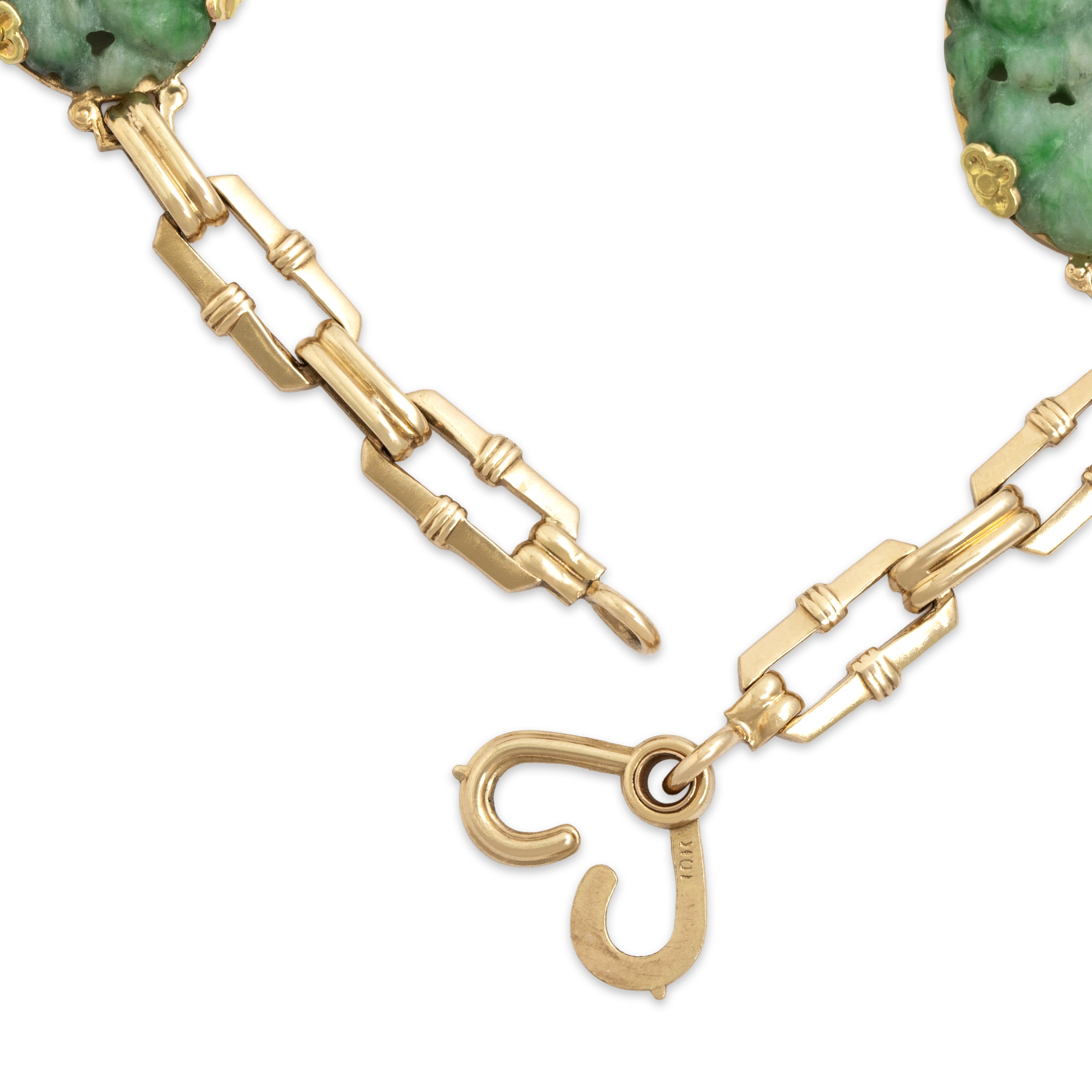 Vintage 10k Rosy Yellow Gold 22cttw Jade Naturalistic Carved Cabochon Bracelet - clasp view