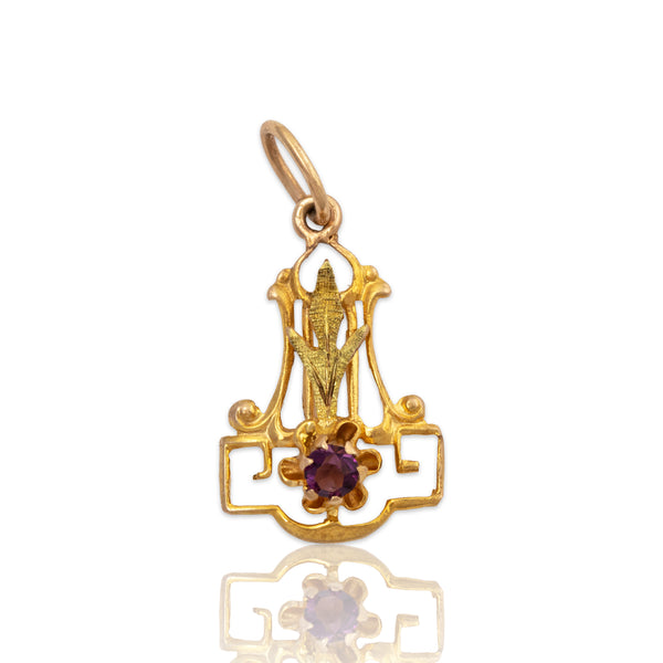 Antique Lightweight Art Deco 14k Yellow Gold Amethyst Buttercup Charm / Pendant