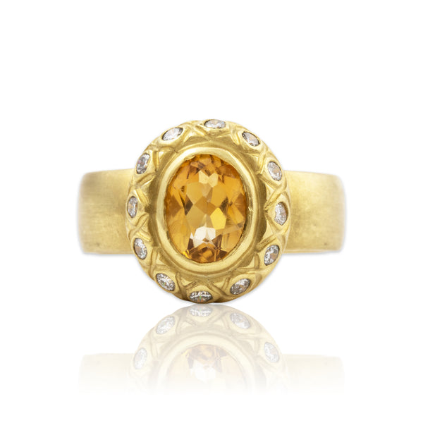 Vintage 18k Yellow Gold Citrine .348cttw Diamond Halo Brushed Ring 7.00