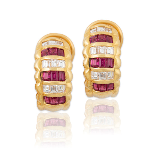 Vintage 18k Yellow Gold 1.08cttw Ruby .9cttw Diamond Omega Back Earrings