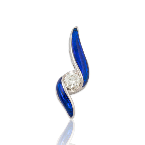Vintage 14k White Gold Diamond Enamel Blue Swirl Pendant