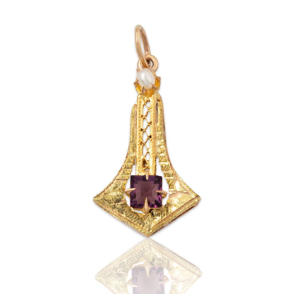 Antique Art Deco 14k Yellow Gold Amethyst Ornate Openwork Charm / Pendant
