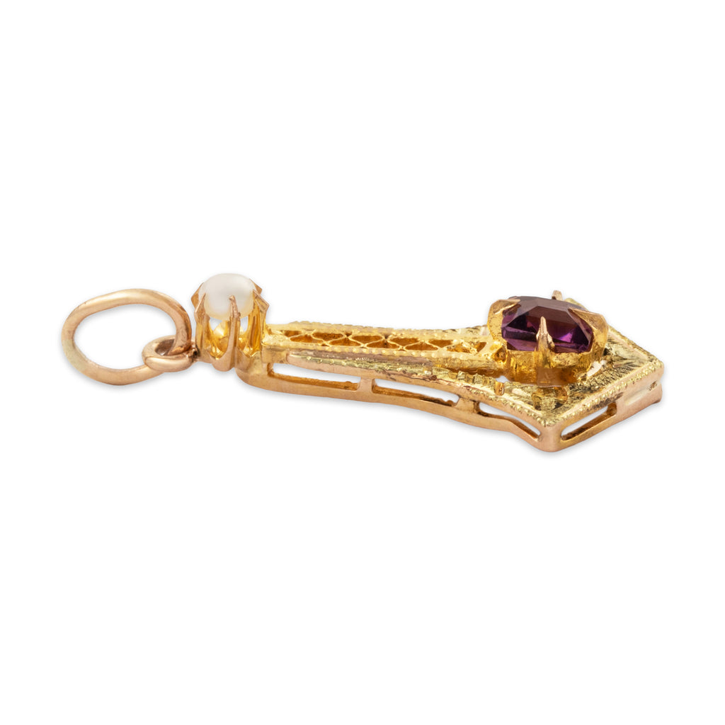 Antique Art Deco 14k Yellow Gold Amethyst Ornate Openwork Charm / Pendant