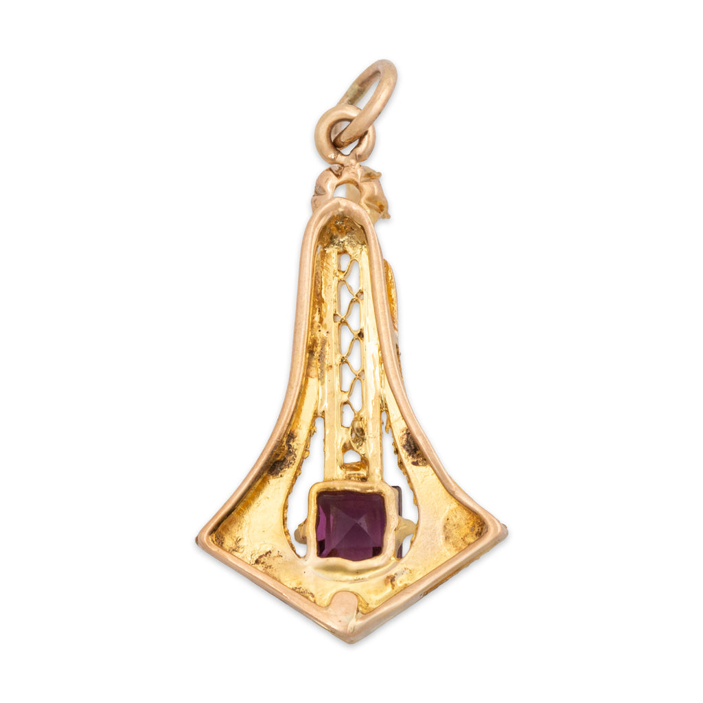 Antique Art Deco 14k Yellow Gold Amethyst Ornate Openwork Charm / Pendant