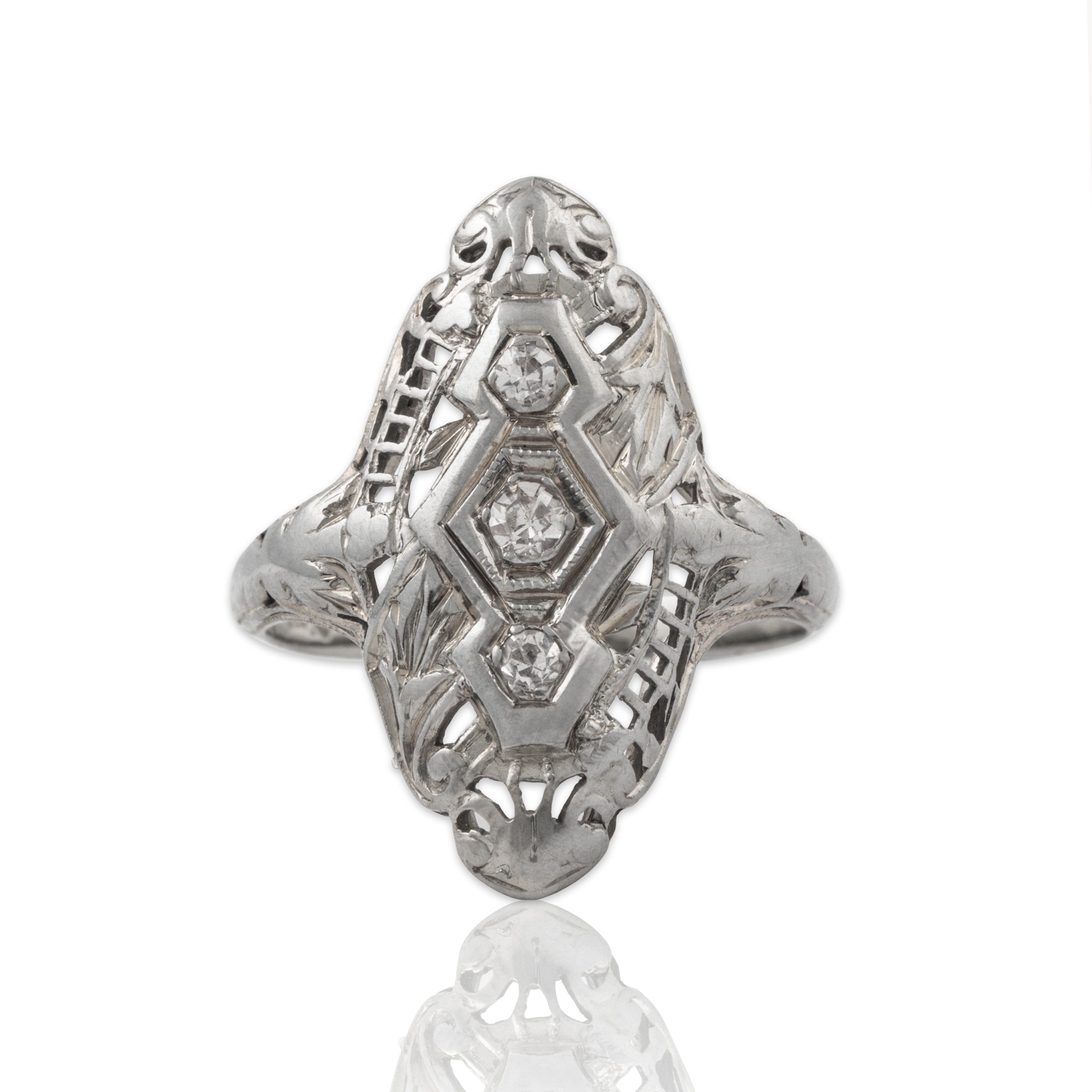Antique Art Deco 18k White Gold Diamond Mixed Filigree Design Ring 3.75