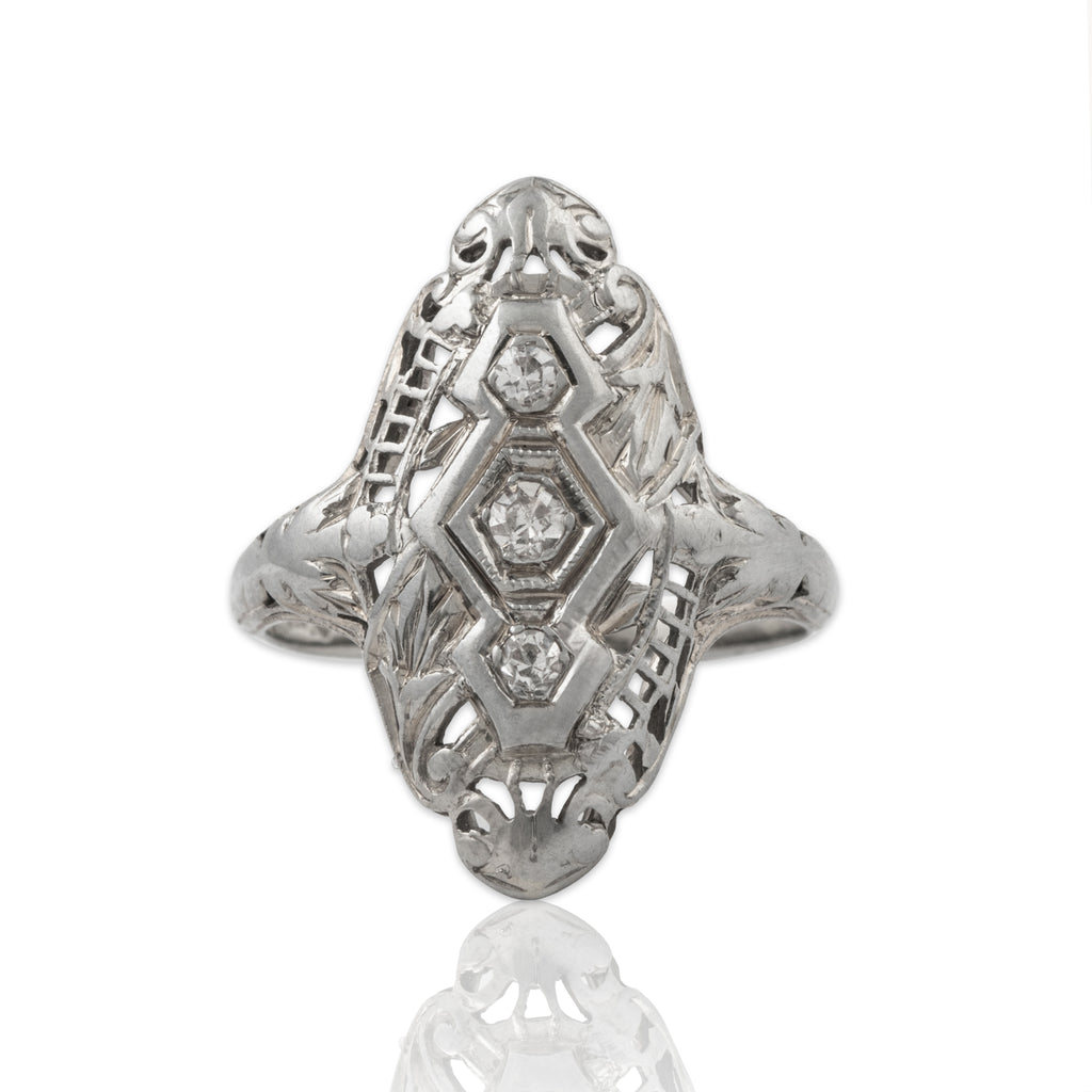 Antique Art Deco 18k White Gold Diamond Mixed Filigree Design Ring 3.75