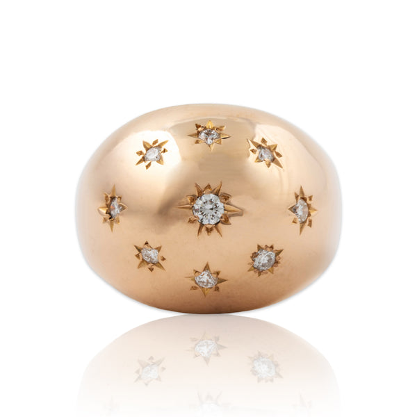 Antique Heavy French 18k Rosy Yellow Gold .35cttw Diamond Bombe Stars Ring 6.25