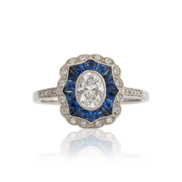 Abbott & Oaks Platinum Diamond Sapphire Art Deco Style Engagement Ring 6.5