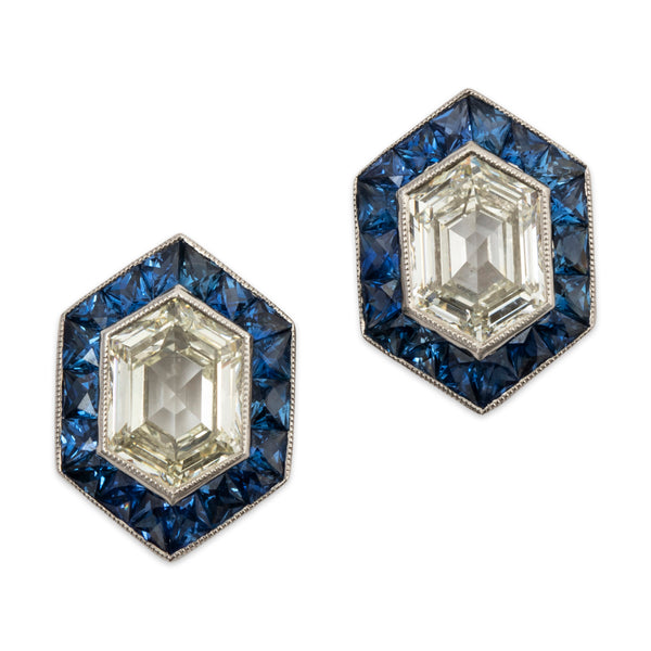 Abbott & Oaks Platinum 1.88cttw Hexagon Diamond 1.23cttw Sapphire Stud Earrings