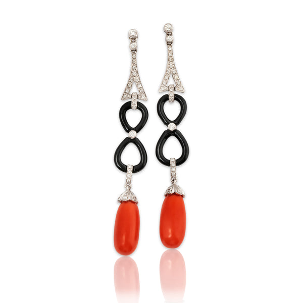Abbott & Oaks 18k White Gold Coral Onyx Diamond Art Deco Style Dangle Earrings