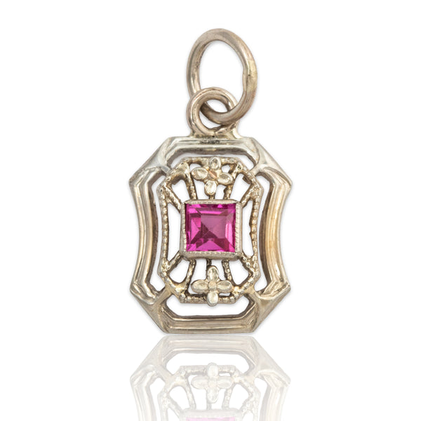 Antique 14k White Gold Synthetic Ruby Floral Charm Pendant
