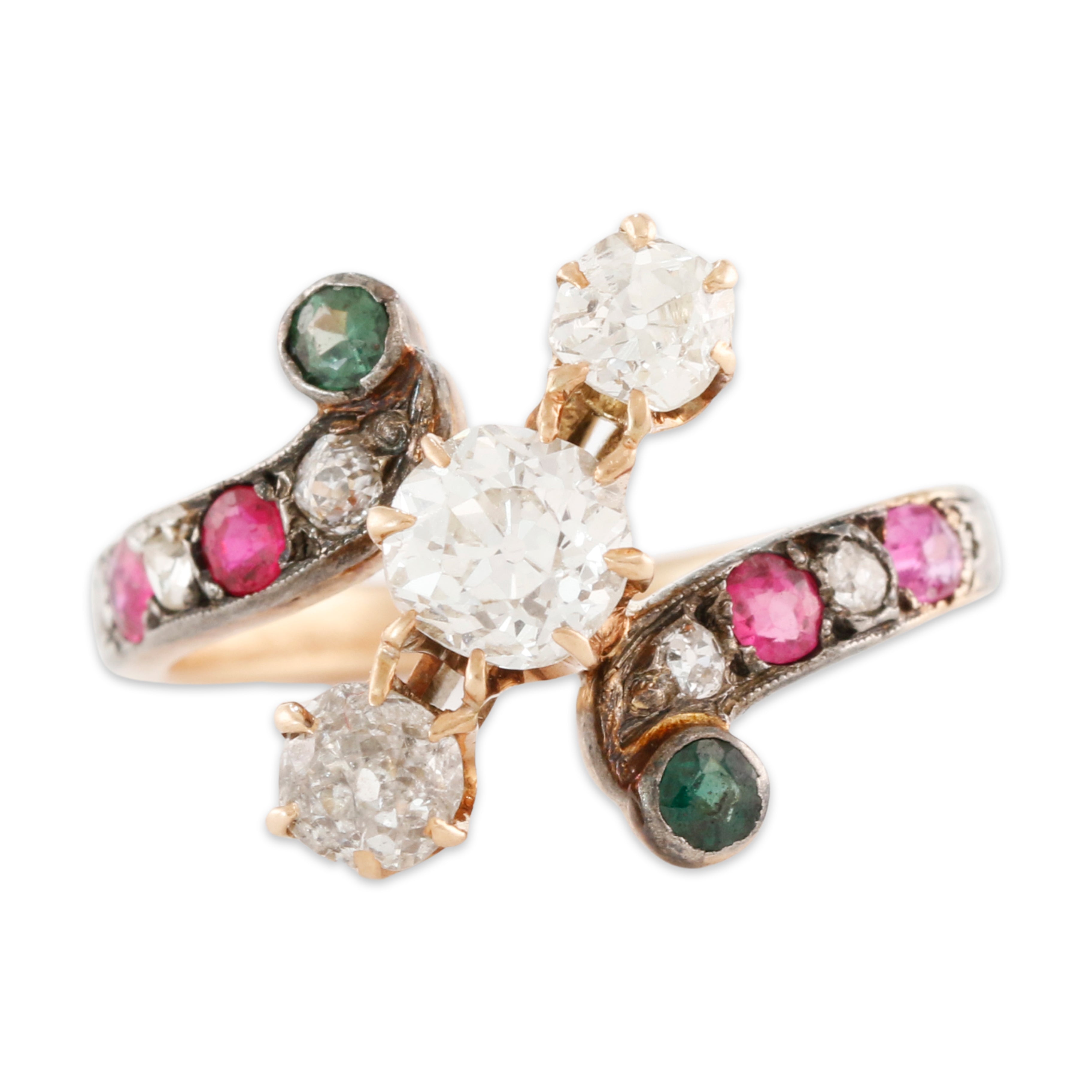 Victorian Antique 14k Gold Diamond 1cttw Syn Ruby Emerald Twist Ring 5