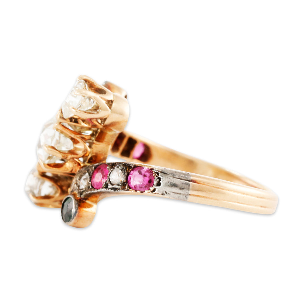 Victorian Antique 14k Gold Diamond 1cttw Syn Ruby Emerald Twist Ring 5