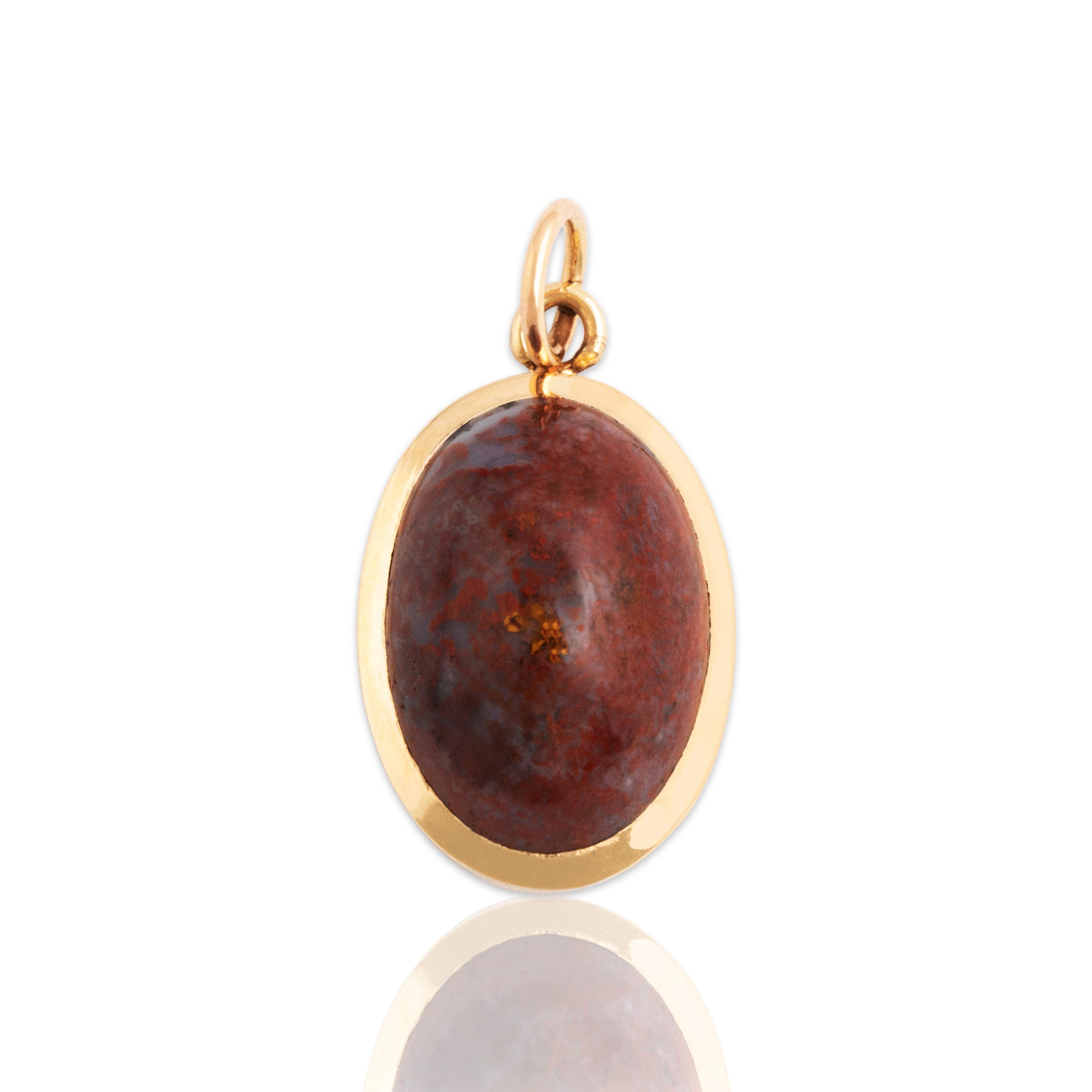 Antique 14k Yellow Gold 6ct Red Moss Agate Naturalistic Cabochon Charm / Pendant