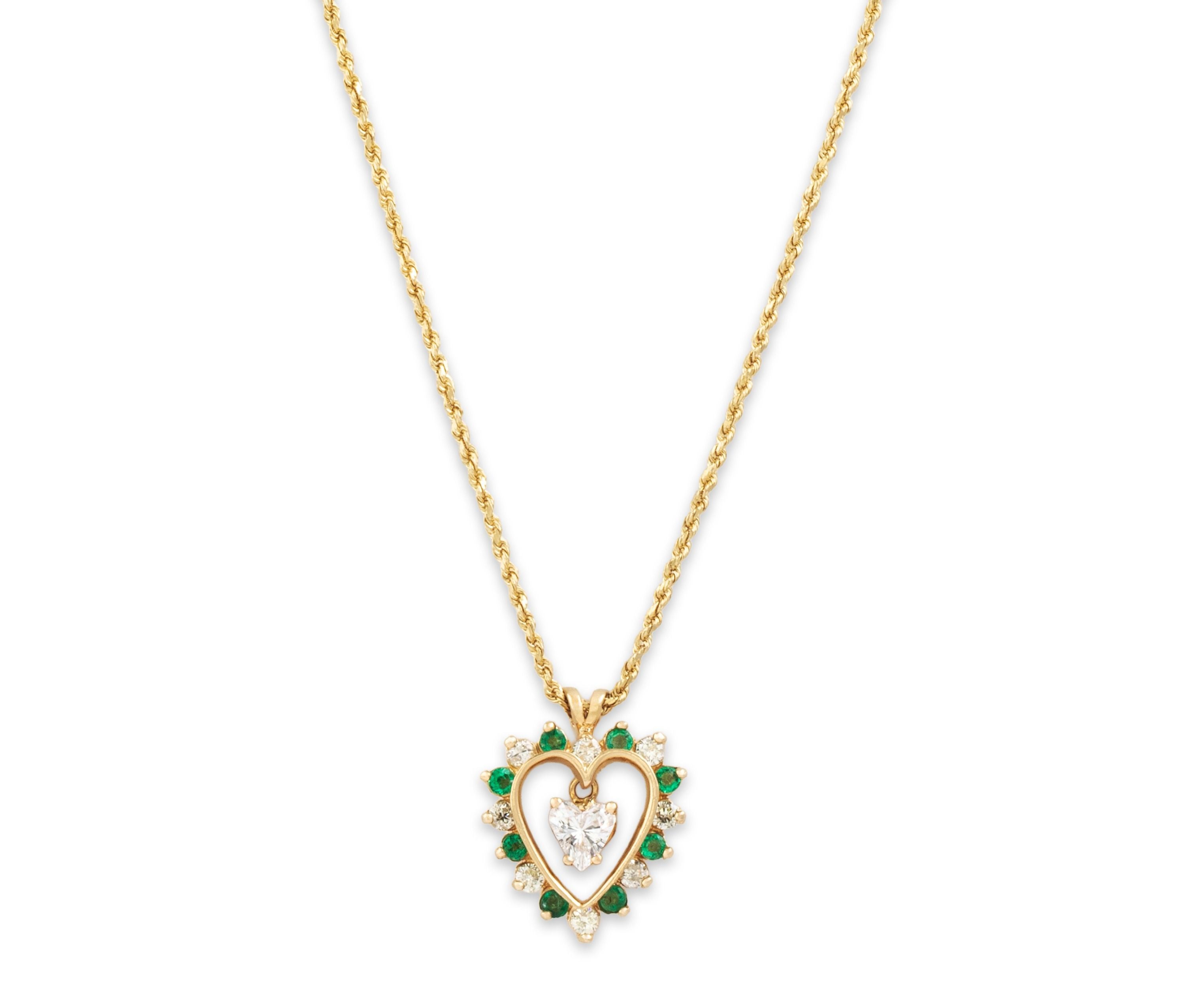 Vintage 14k Yellow Gold .976cttw Diamond Emerald Heart Dangle Necklace 19.75