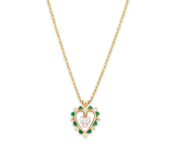 Vintage 14k Yellow Gold .976cttw Diamond Emerald Heart Dangle Necklace 19.75