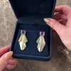Vintage 14k Yellow Gold 5.7cttw Amethyst Diamond Folded Ribbon Stud Dangle Earrings