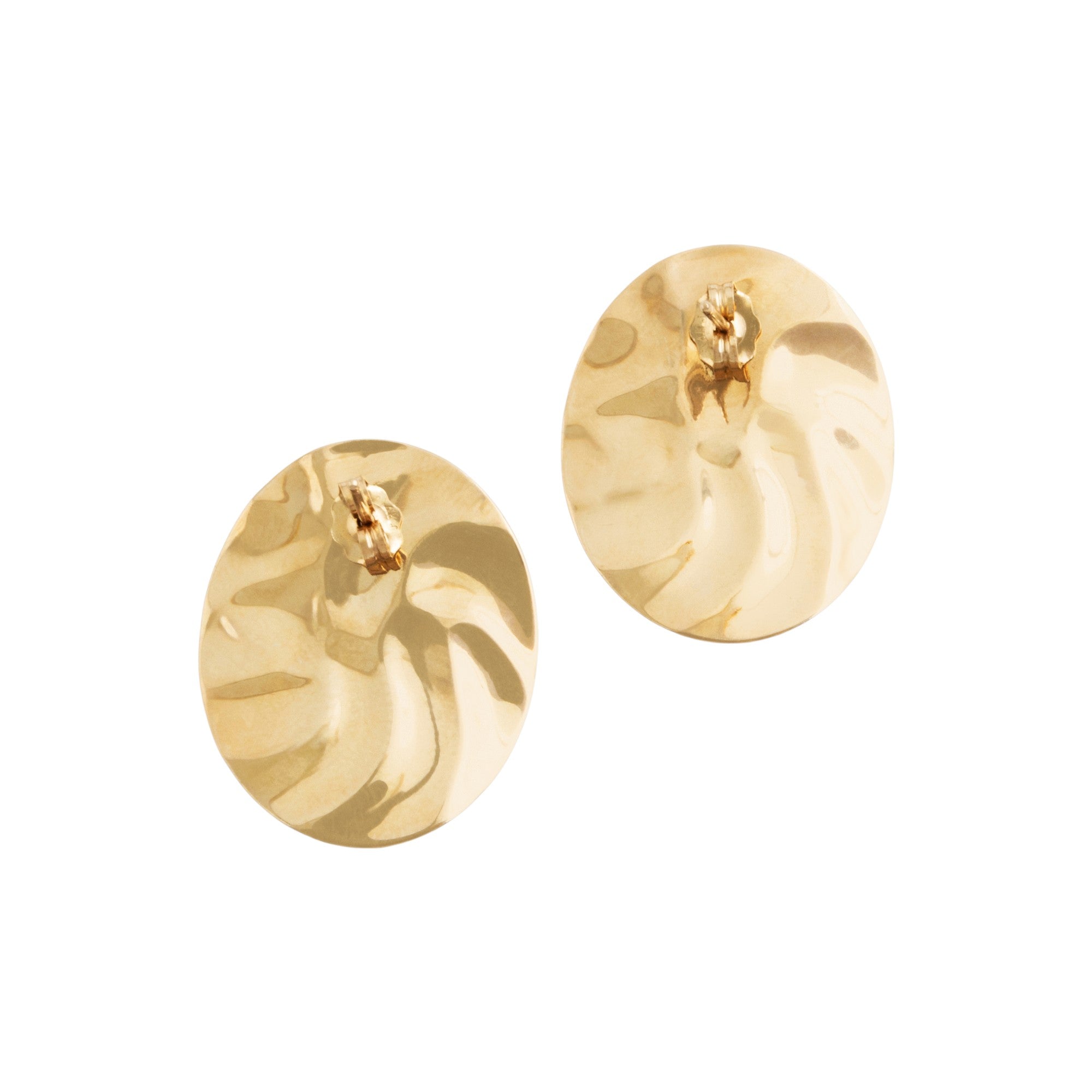 Vintage Large 14k Yellow Gold Wavy Abstract Disc Stud Earrings - Back view
