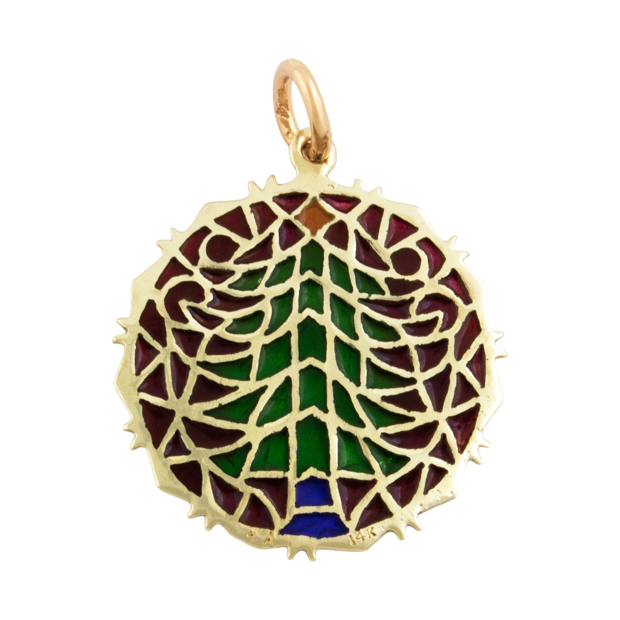 Vintage Large 14k Yellow Gold Amazing Plique-à-Jour Christmas Tree Pendant