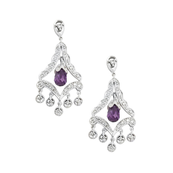 Vintage 14k White Gold Amethyst Diamond Chandelier Briolette Dangle Earrings